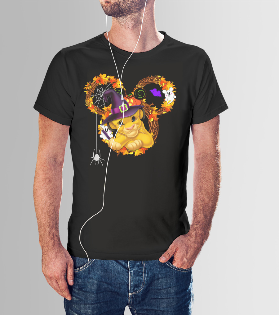 Simba Halloween Wreath With Witch Hat And Autumn Leaves T-Shirt