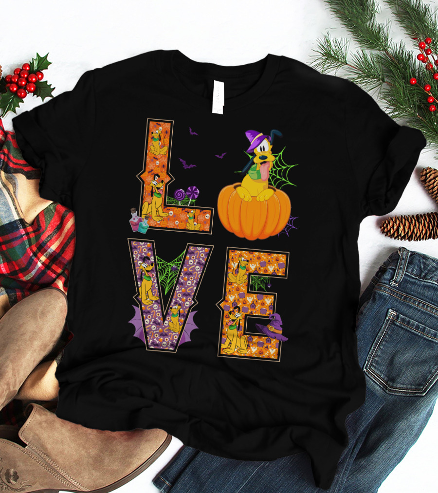Love Halloween Pluto Pumpkin Hat Spiders Bats T-Shirt