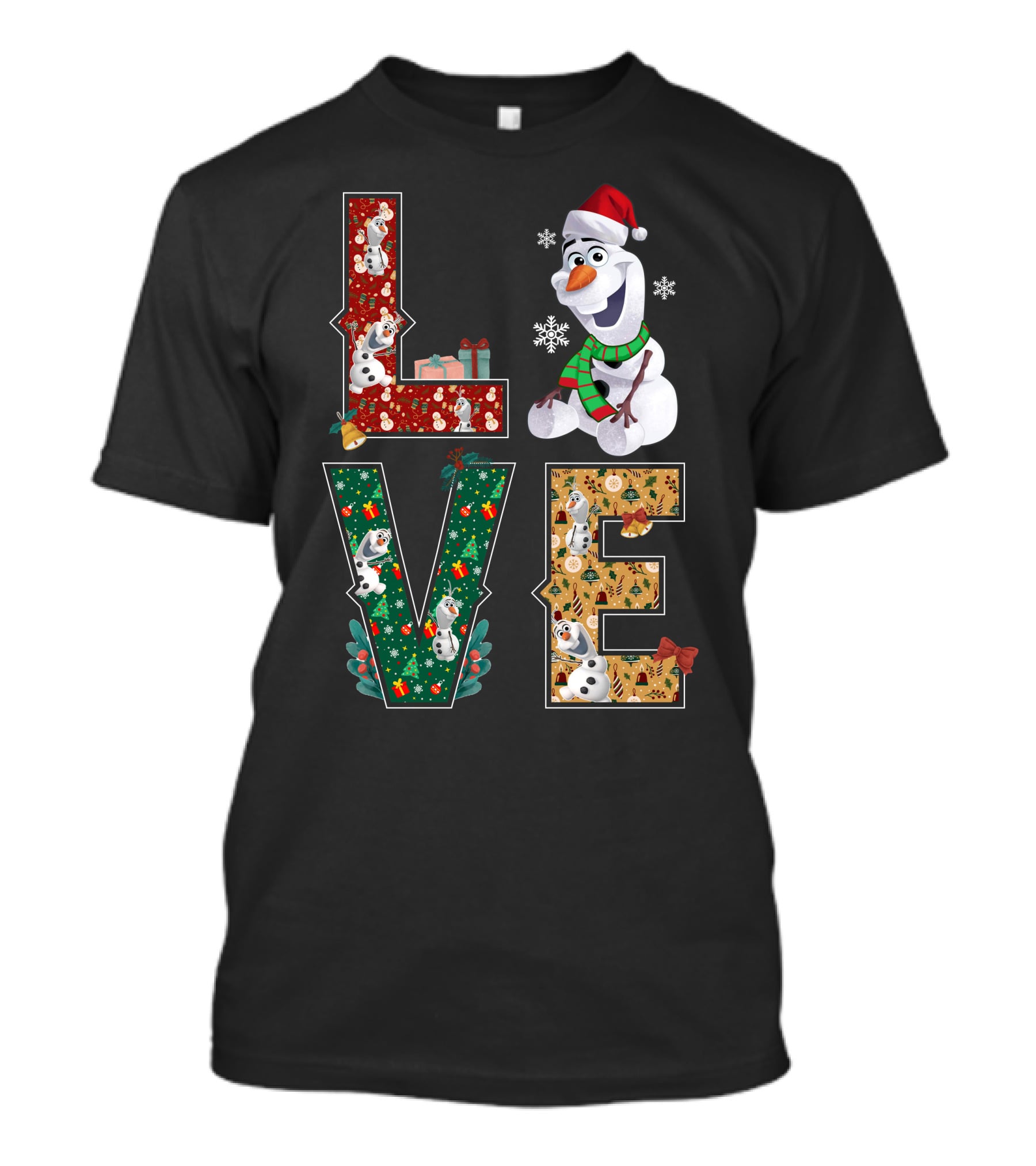 Love Olaf Christmas Snowman Santa Hat Scarf Snowflake Gifts T-Shirt