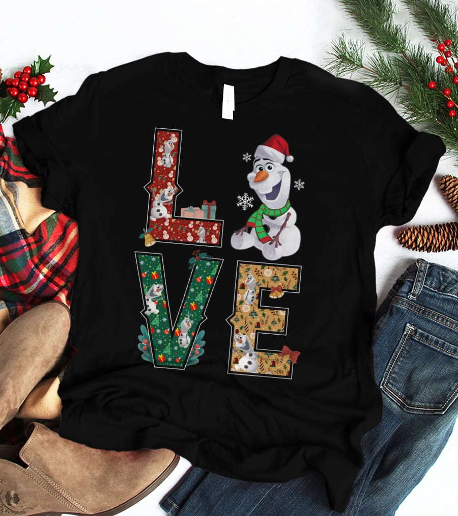 Love Olaf Christmas Snowman Santa Hat Scarf Snowflake Gifts T-Shirt
