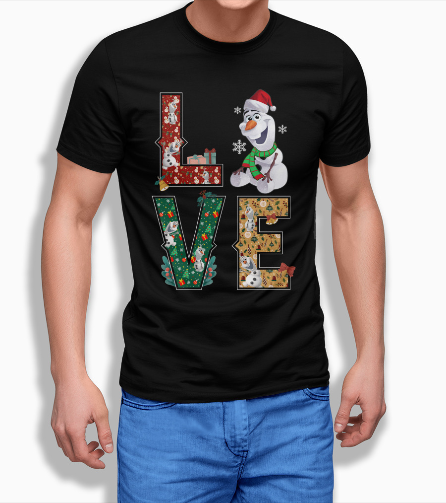 Love Olaf Christmas Snowman Santa Hat Scarf Snowflake Gifts T-Shirt