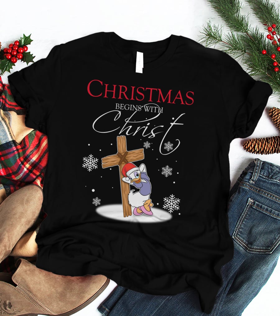 Christmas Begins With Christ Daisy With Cross And Snowflakes T-Shirt