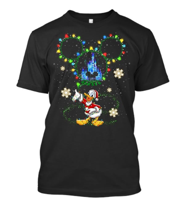 Donald Duck Disney Christmas Castle Snowflakes Lights Mickey Ears T-Shirt