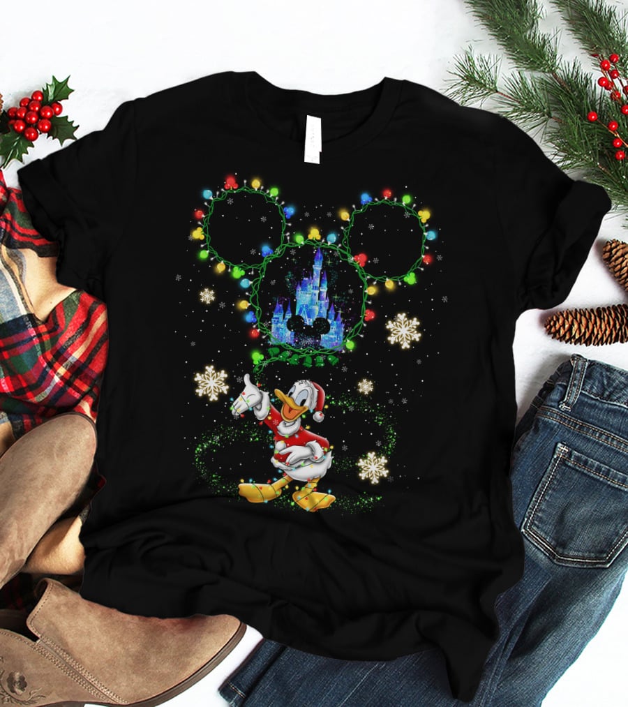 Donald Duck Disney Christmas Castle Snowflakes Lights Mickey Ears T-Shirt