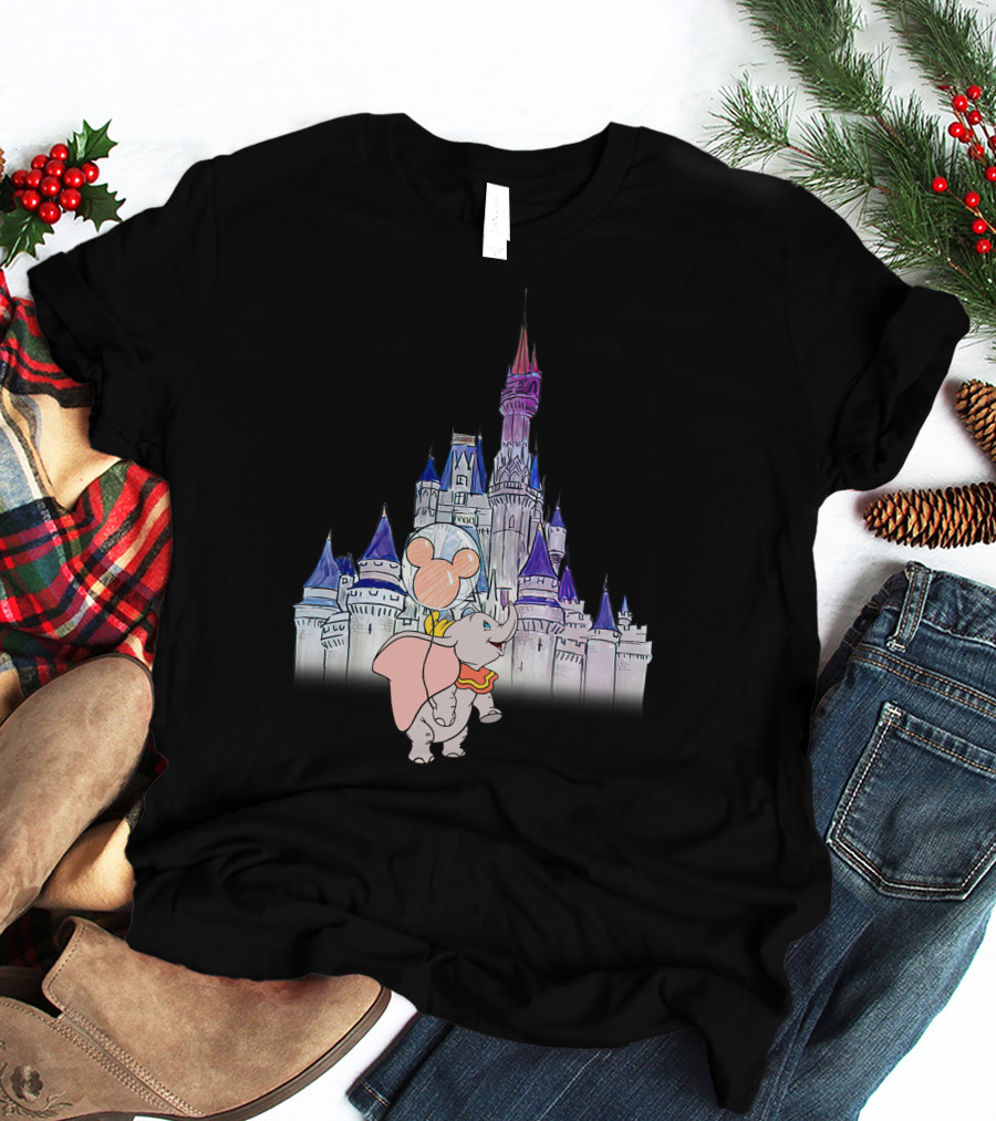 Dumbo With Mickey Balloon In Front Of Disney Castle T-Shirt