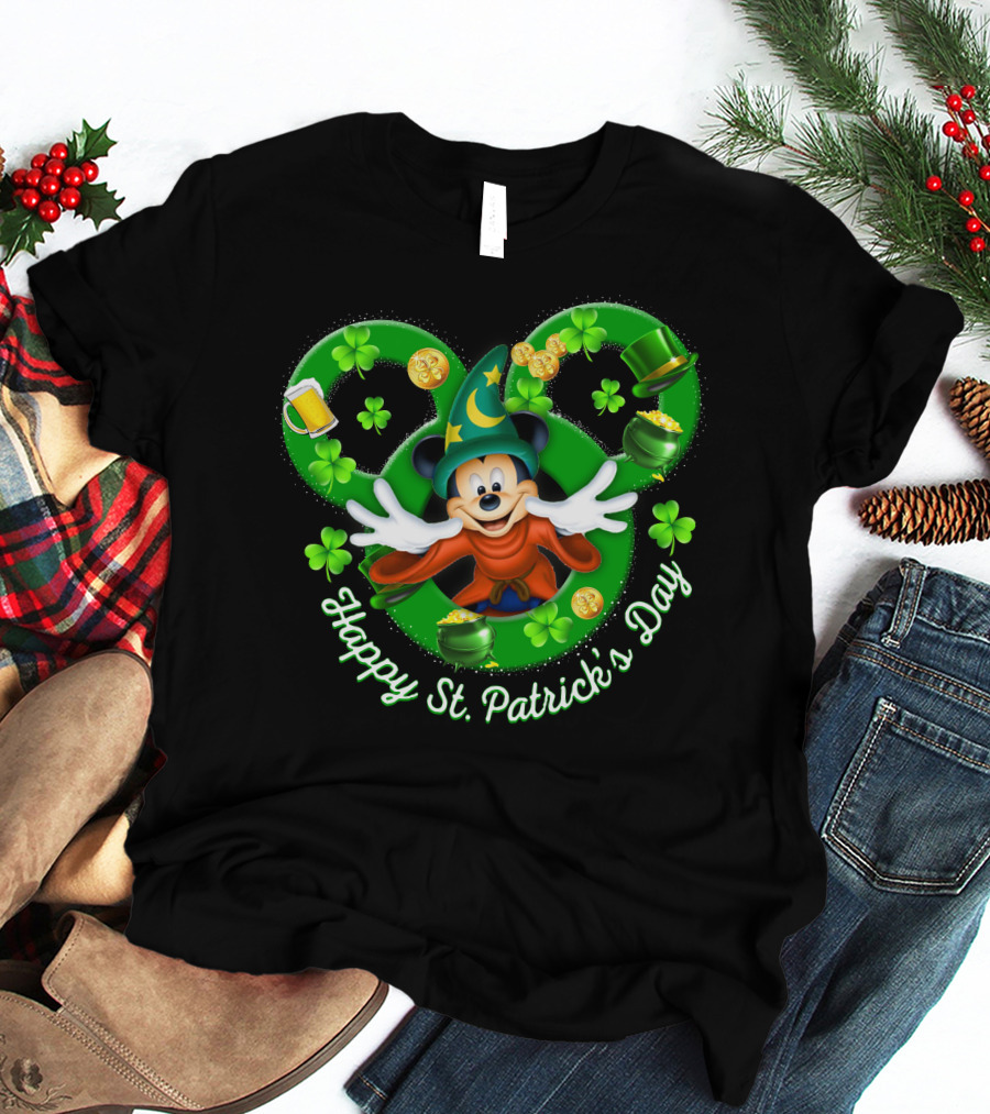 Happy St. Patrick's Day Mickey Fantasia Magic Hat Clover Coins T-Shirt