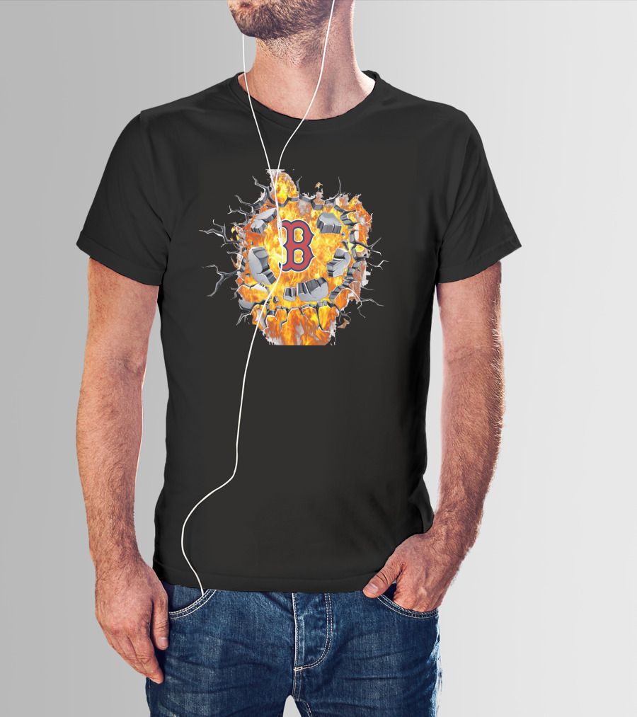 Boston Red Sox B Logo With Cracking Fiery Explosion T-Shirt