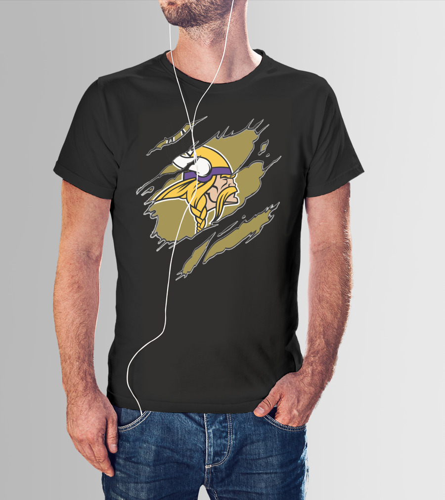 Minnesota Vikings Helmet And Warrior Tear Effect T-Shirt