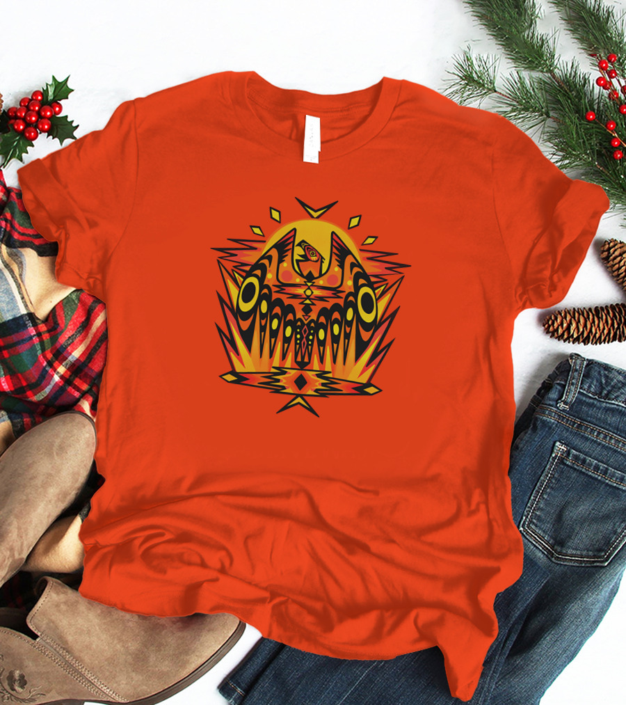 Howl Out Golden Eagle Rises Tribal Pattern On Bold Orange Background T-Shirt
