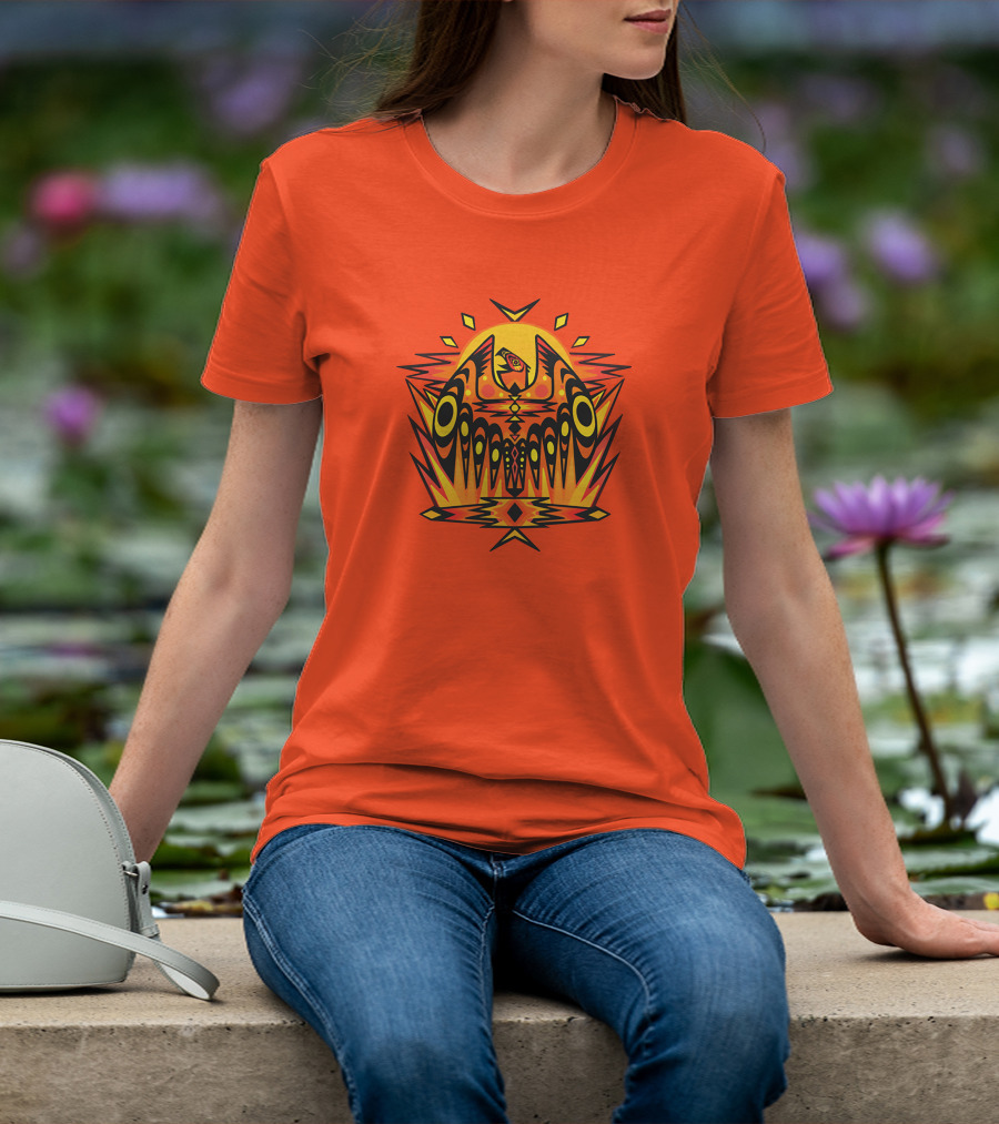 Howl Out Golden Eagle Rises Tribal Pattern On Bold Orange Background T-Shirt