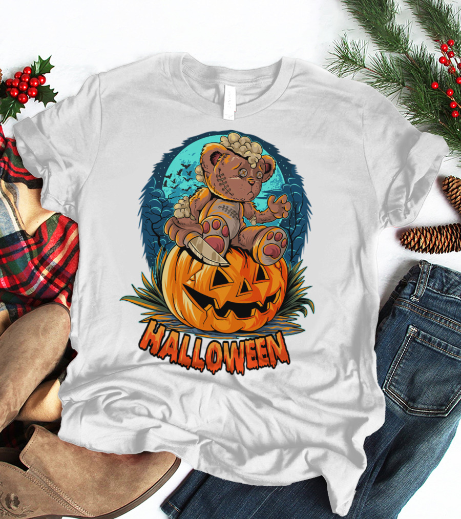 Halloween Teddy Bear On Pumpkin With Moon And Bats T-Shirt