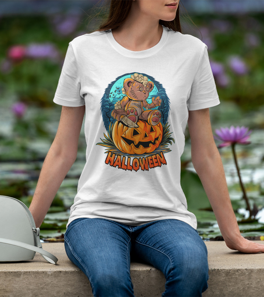 Halloween Teddy Bear On Pumpkin With Moon And Bats T-Shirt