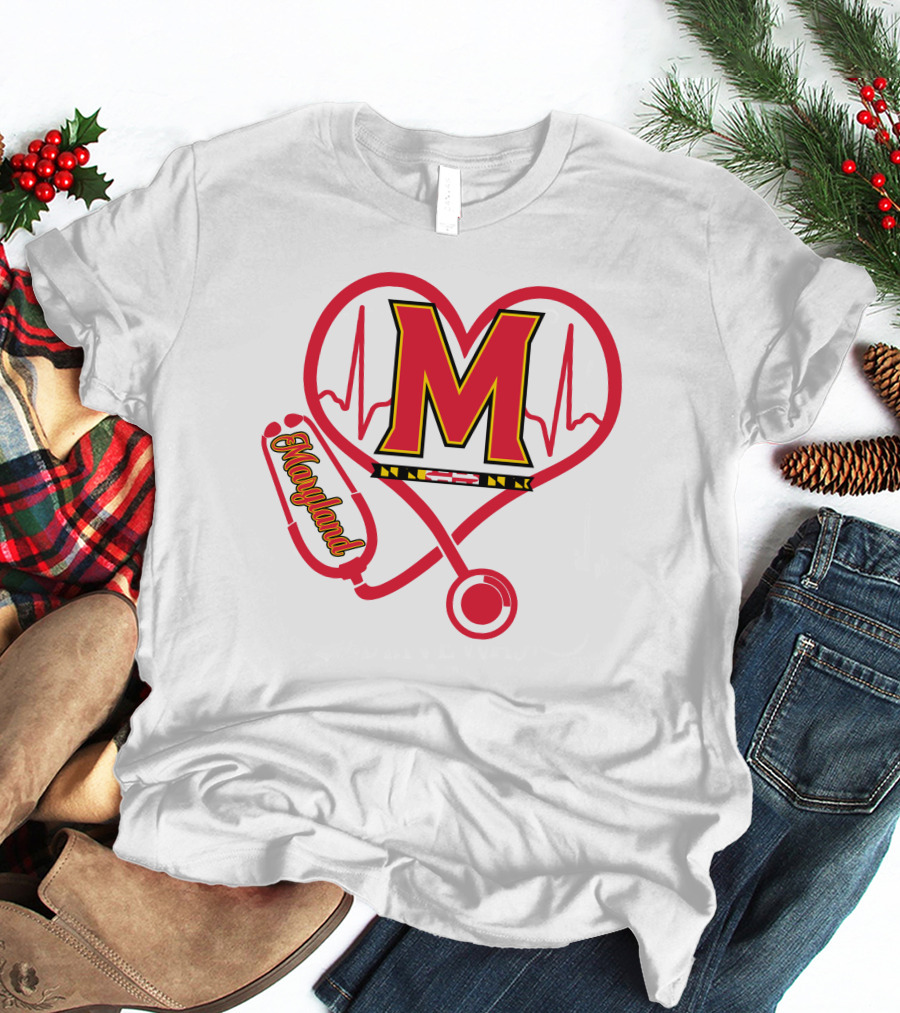 Nurse Love Maryland Terps Heartbeat Stethoscope T-Shirt