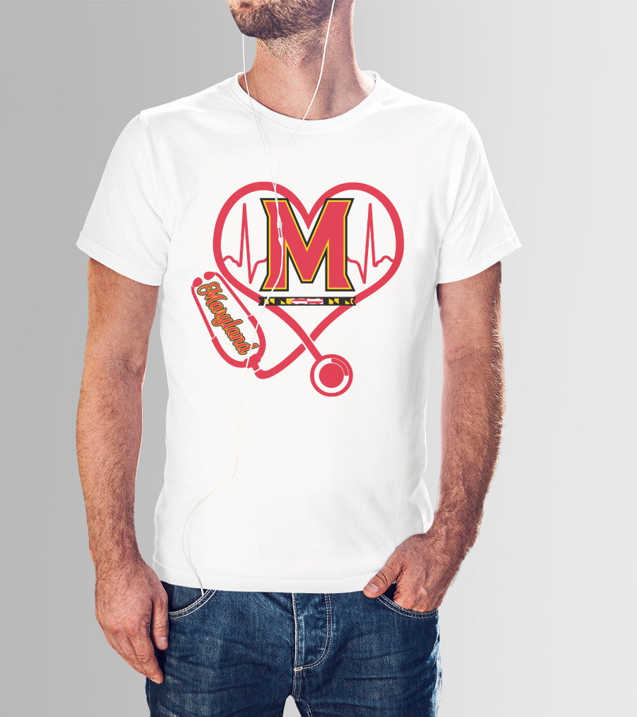 Nurse Love Maryland Terps Heartbeat Stethoscope T-Shirt