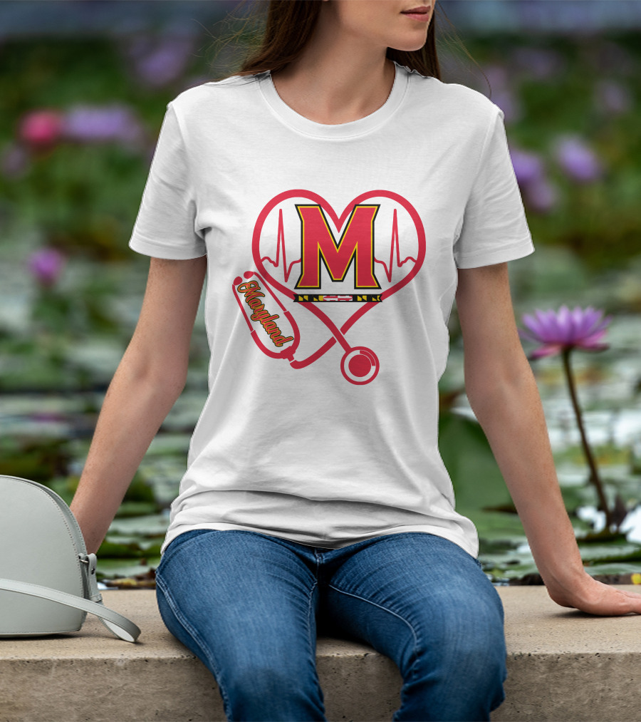 Nurse Love Maryland Terps Heartbeat Stethoscope T-Shirt