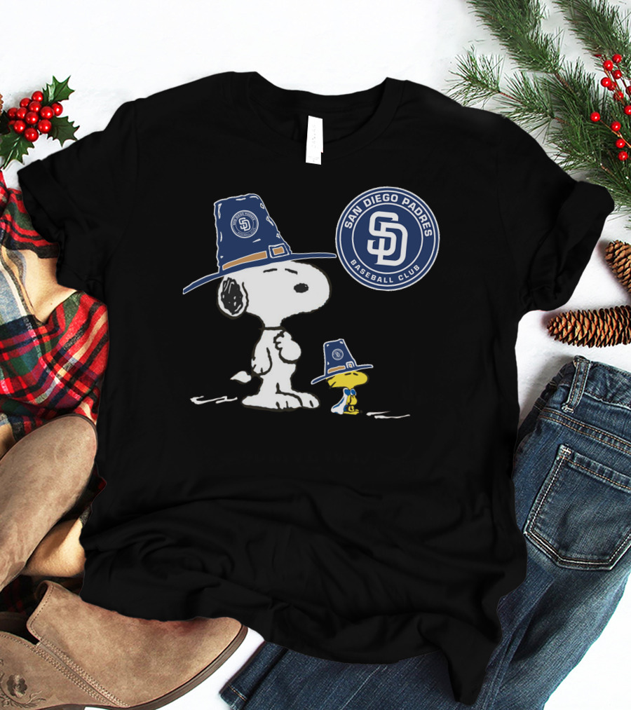 San Diego Padres Snoopy Woodstock Baseball Club Pilgrim Hat T-Shirt