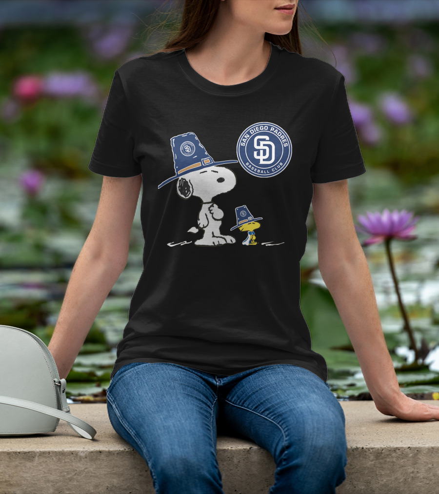 San Diego Padres Snoopy Woodstock Baseball Club Pilgrim Hat T-Shirt