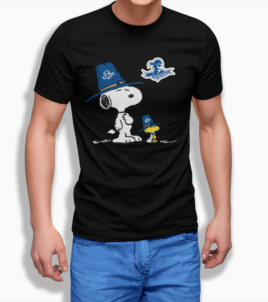 Seton Hall Snoopy And Woodstock In Seton Hall Pirate Hats T-Shirt