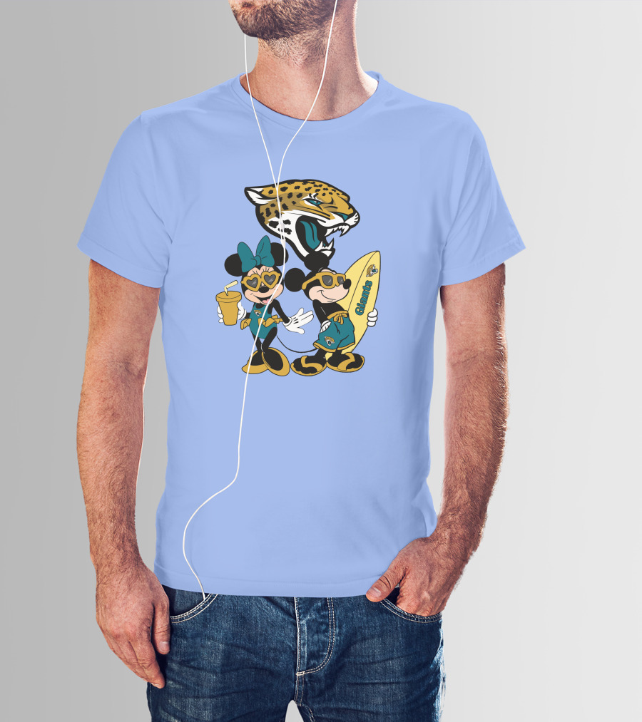 Jaguars Mickey And Minnie Happy Vacation With Surfboard And Drink T-Shirt