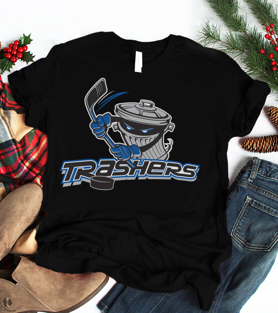 Danbury Trashers Hockey Trash Can Mascot With Stick T-Shirt