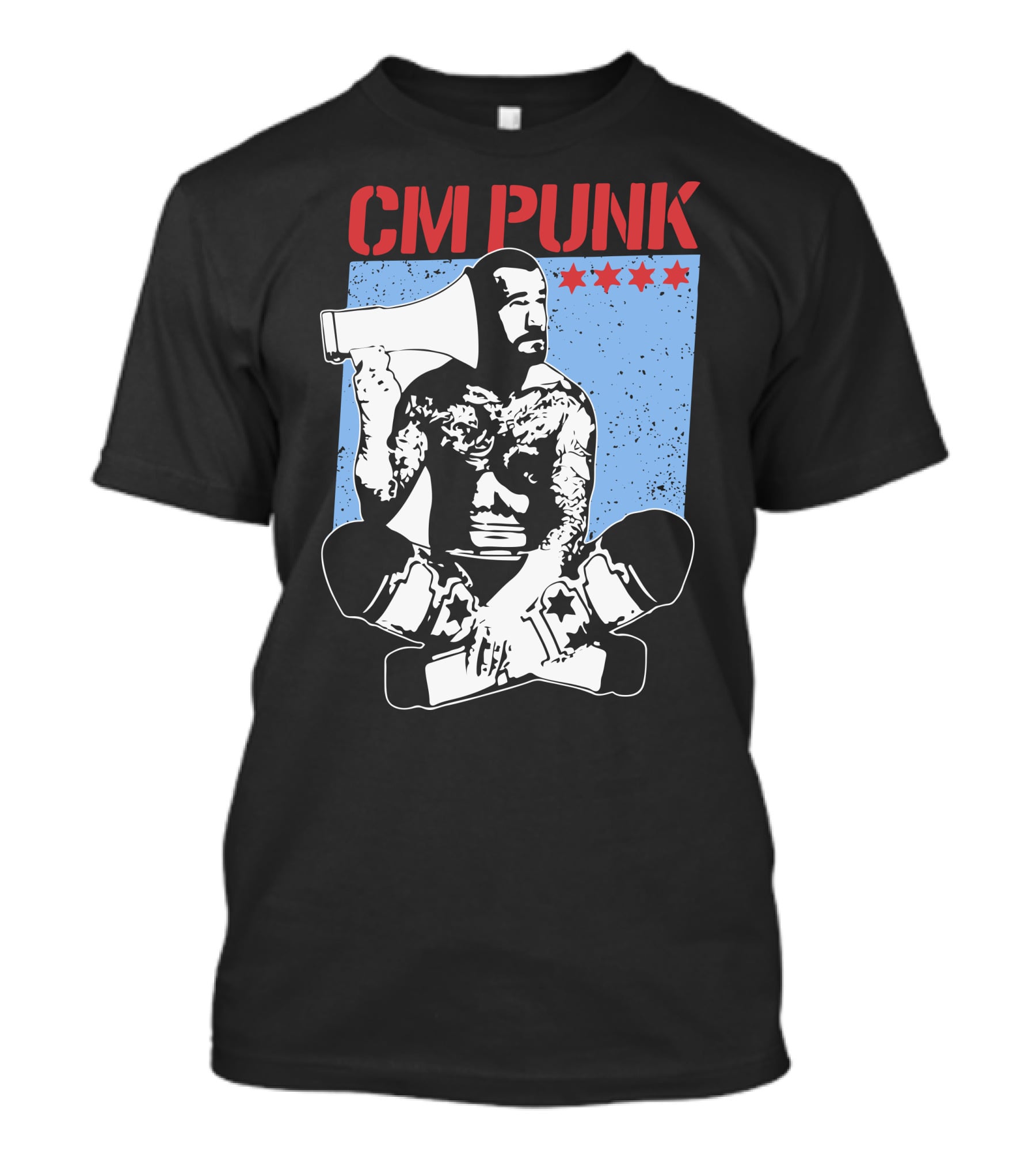 CM Punk AEW All Elite Wrestling Megaphone Graphic With Red Stars T-Shirt