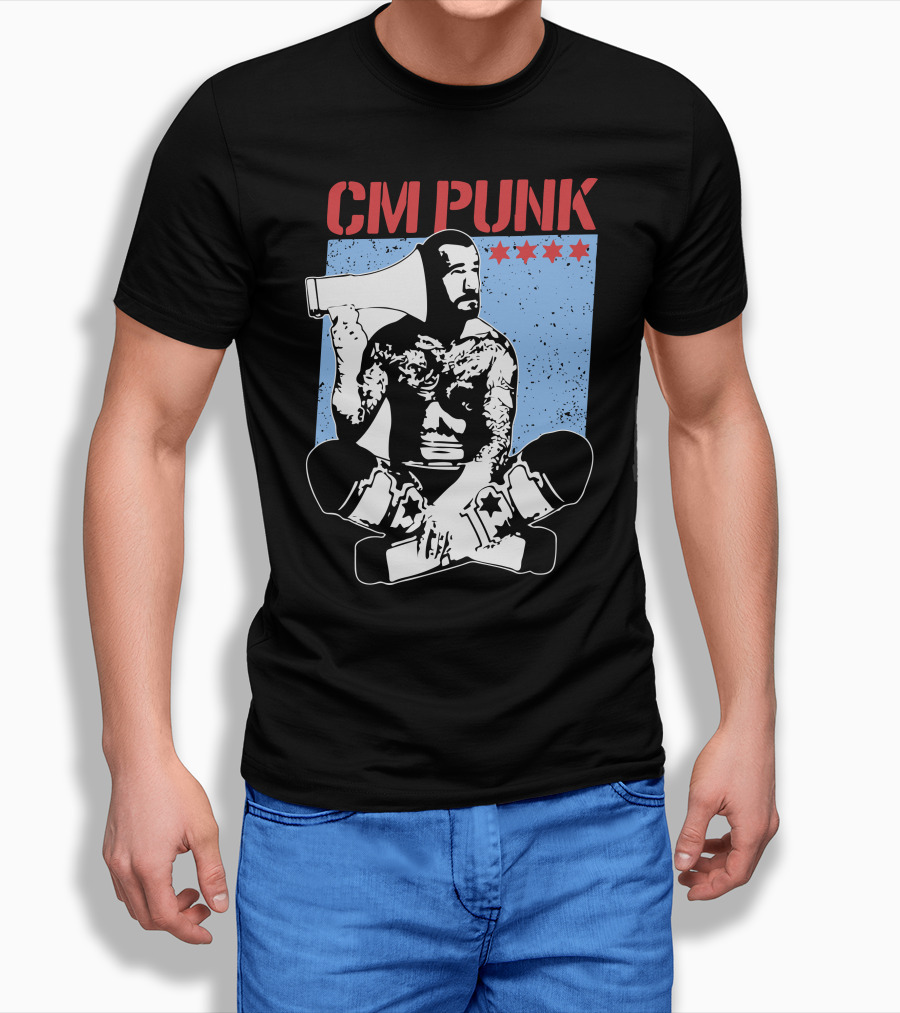 CM Punk AEW All Elite Wrestling Megaphone Graphic With Red Stars T-Shirt