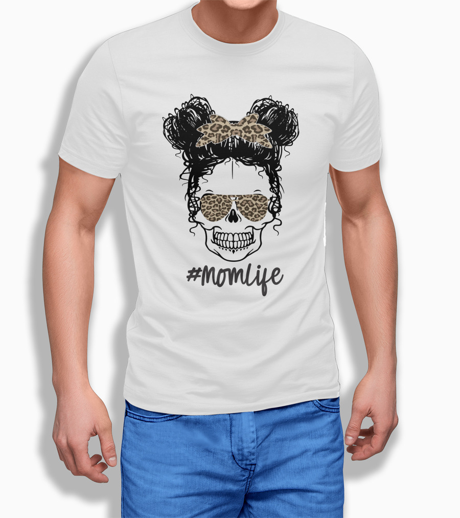 MomLife Messy Bun Skull Leopard Bow Sunglasses T-Shirt