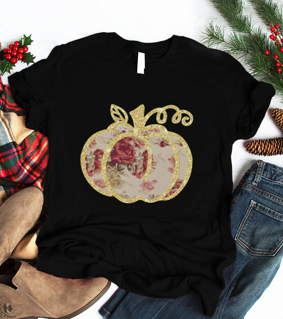 Glitter Floral Pumpkin Gold Trim T-Shirt