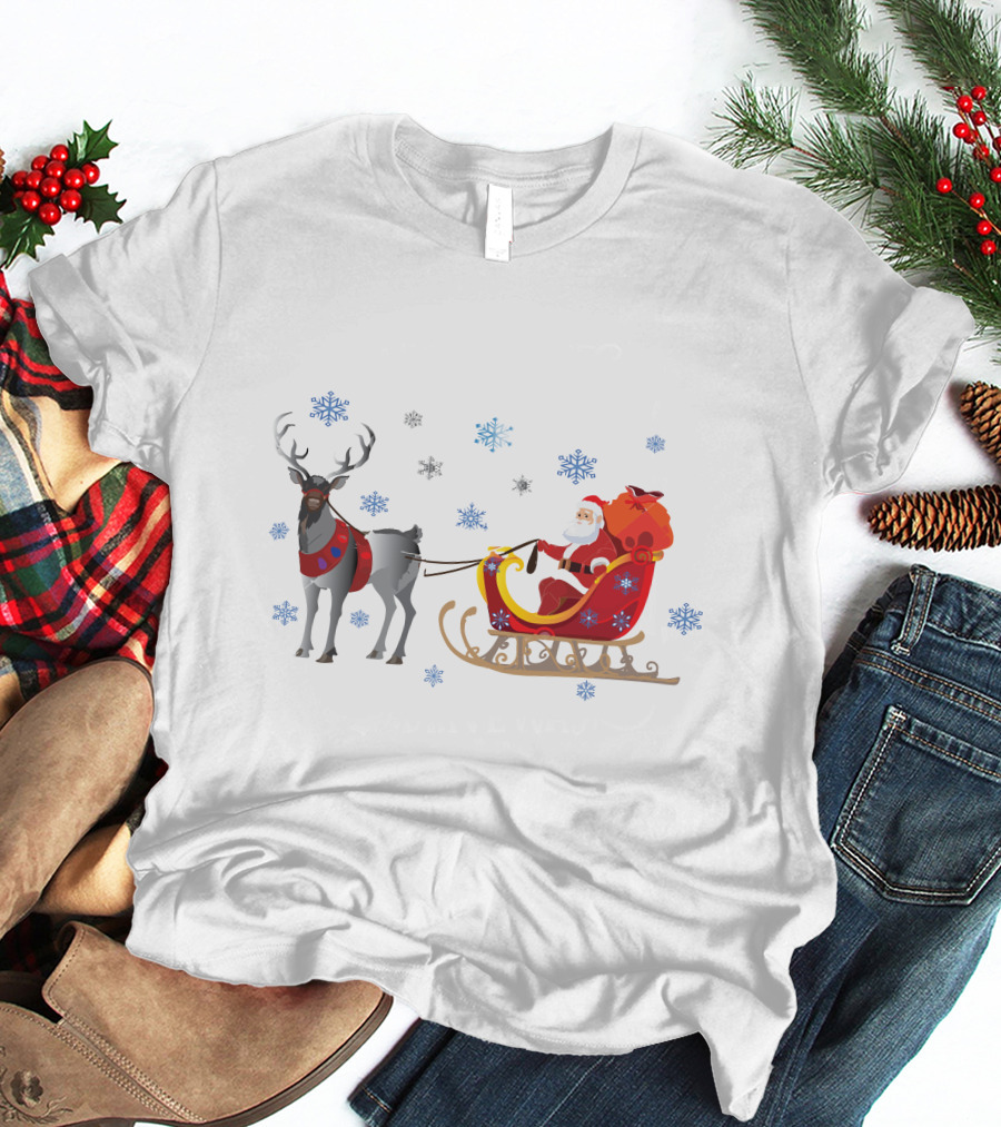 Christmas Santa With Reindeer And Sleigh Surrounded By Snowflakes T-Shirt