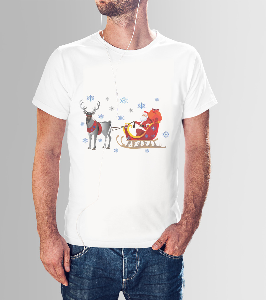 Christmas Santa With Reindeer And Sleigh Surrounded By Snowflakes T-Shirt