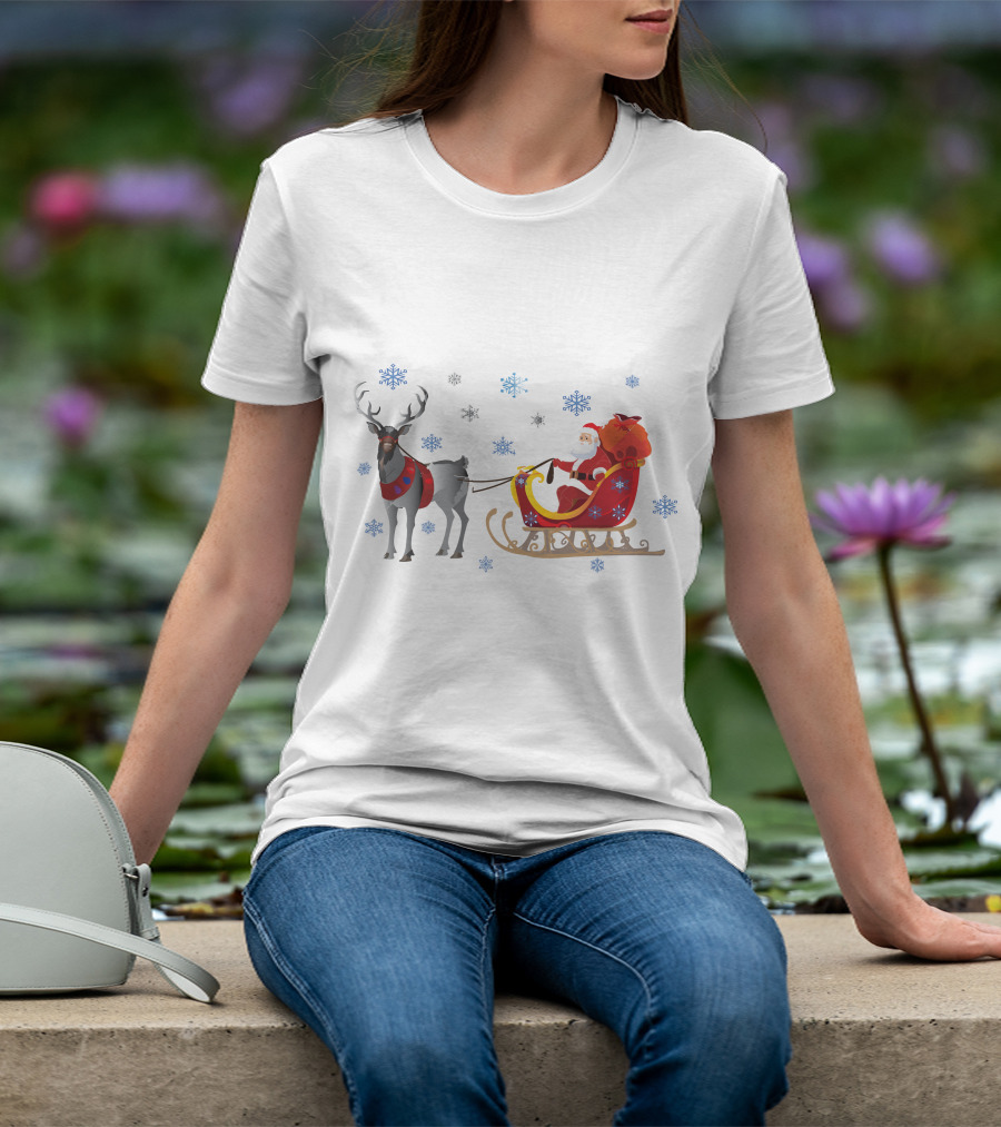 Christmas Santa With Reindeer And Sleigh Surrounded By Snowflakes T-Shirt