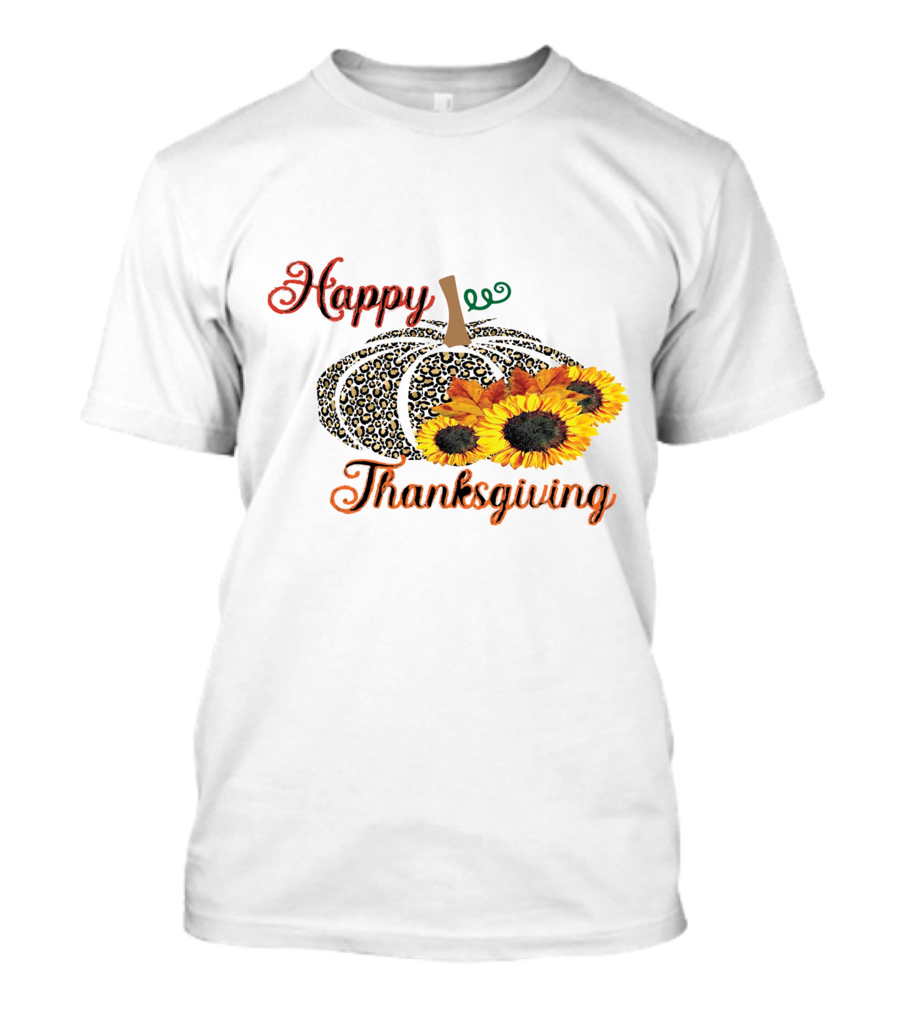 Happy Thanksgiving Leopard Print Pumpkin Sunflowers T-Shirt