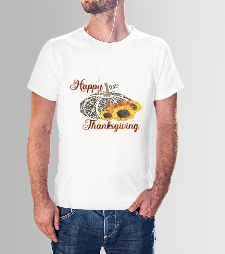 Happy Thanksgiving Leopard Print Pumpkin Sunflowers T-Shirt