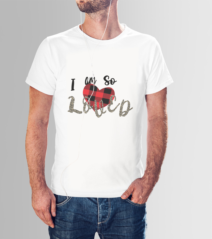 I Am So Loved Valentines Day Buffalo Plaid Heart Leopard Print T-Shirt