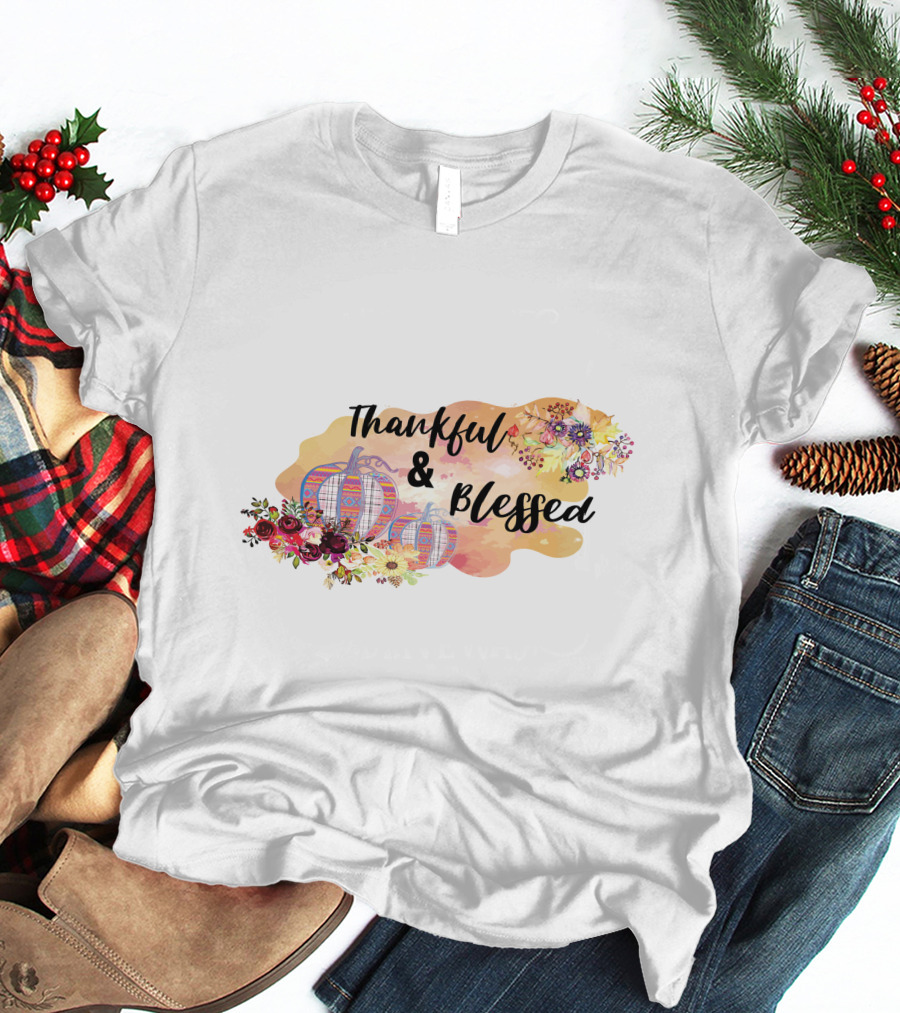 Thankful And Blessed Floral Watercolor Pumpkins T-Shirt