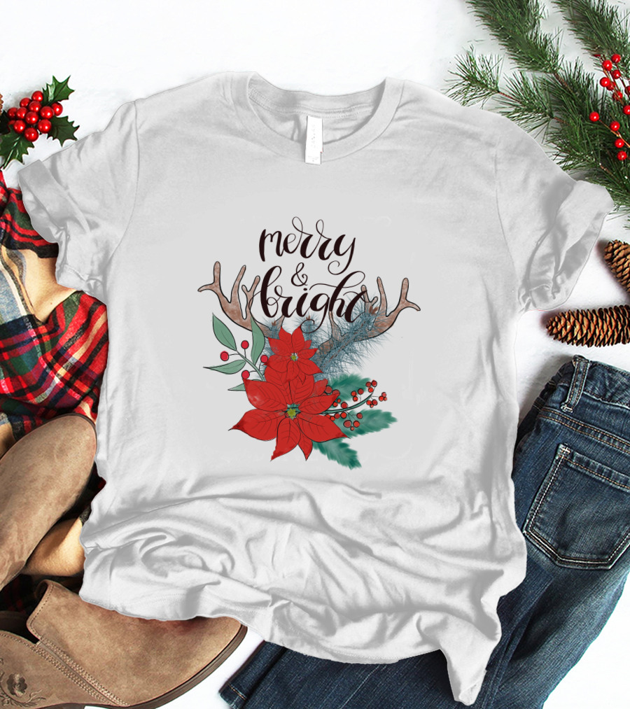 Merry And Bright Antler Poinsettia Christmas Florals T-Shirt