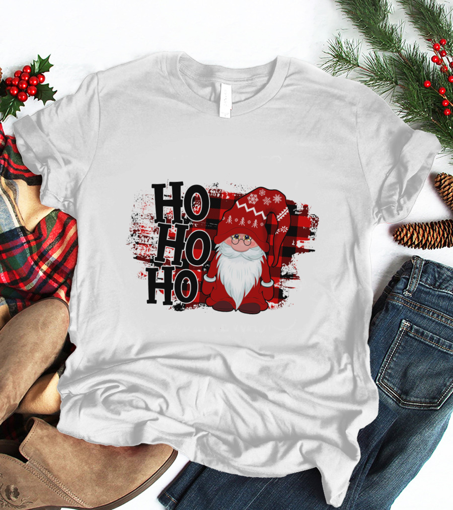 Ho Ho Ho Gnome Christmas Plaid Santa T-Shirt