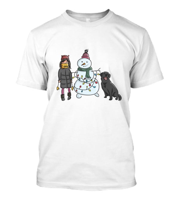 Girl With Yellow Scarf, Dog, And Snowman With Christmas Lights T-Shirt