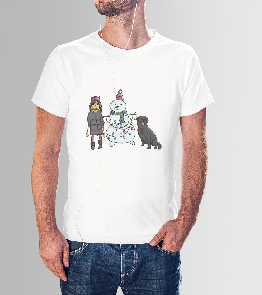 Girl With Yellow Scarf, Dog, And Snowman With Christmas Lights T-Shirt