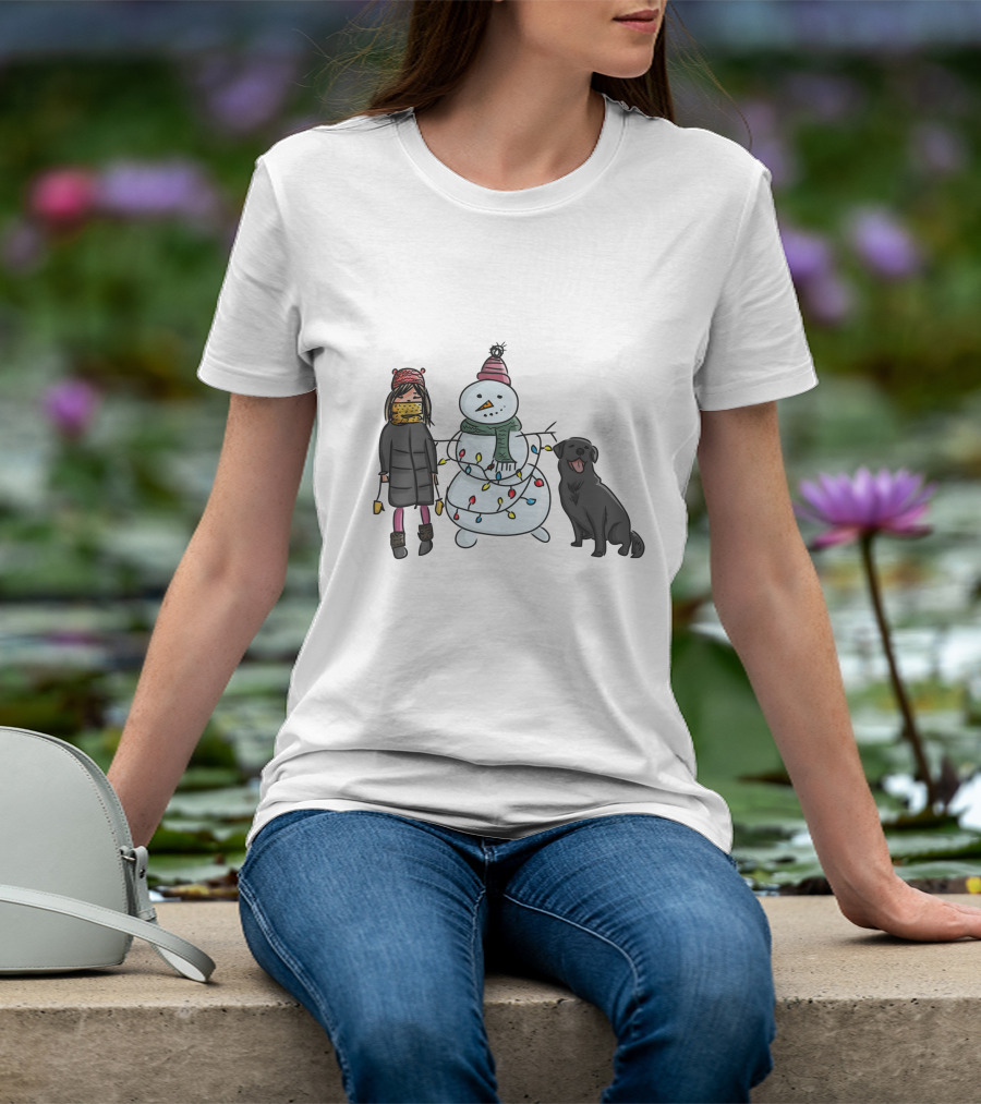 Girl With Yellow Scarf, Dog, And Snowman With Christmas Lights T-Shirt