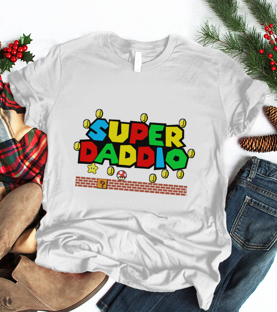 Fathers Day Super Daddio Nintendo Mario Parody Coins Bricks Star T-Shirt