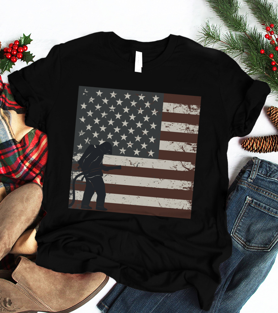 Fireman Silhouette Distressed American Flag T-Shirt