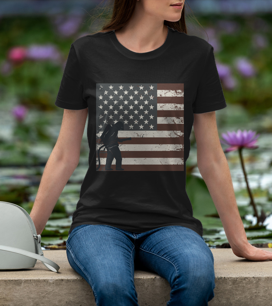 Fireman Silhouette Distressed American Flag T-Shirt