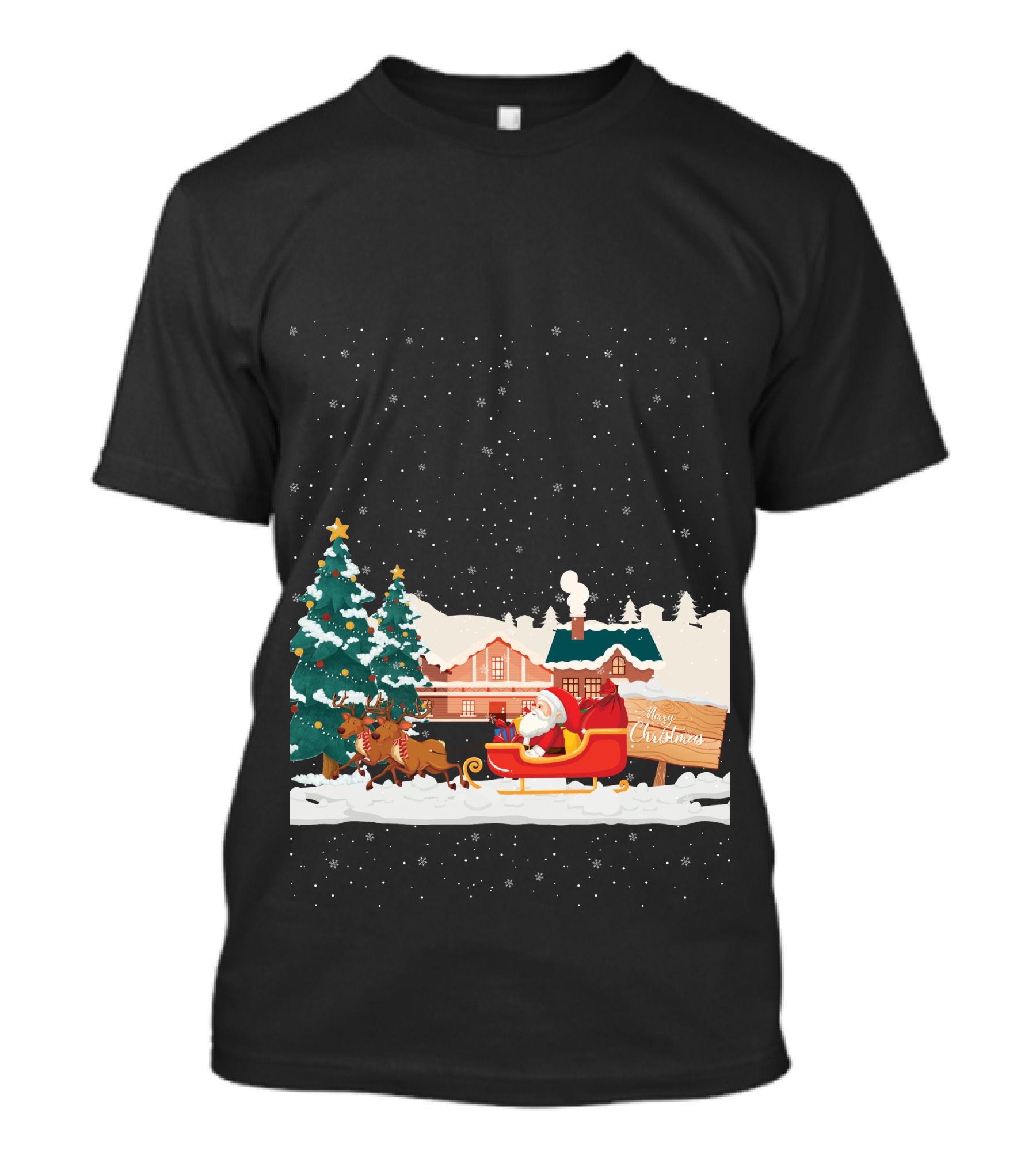 Merry Christmas Santa Claus Reindeer Sleigh Winter Scene T-Shirt