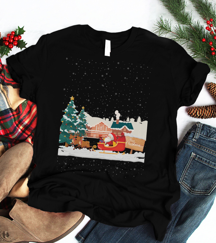 Merry Christmas Santa Claus Reindeer Sleigh Winter Scene T-Shirt