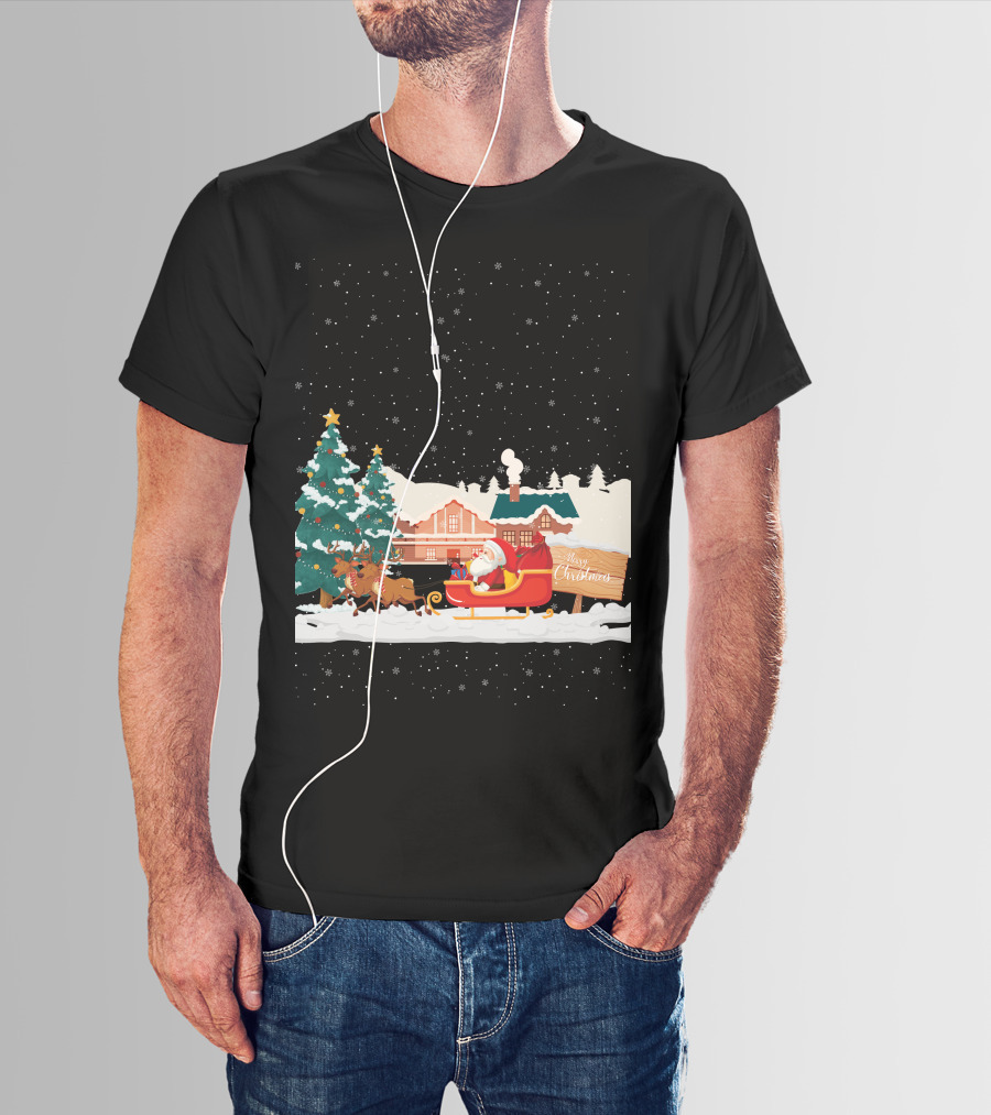 Merry Christmas Santa Claus Reindeer Sleigh Winter Scene T-Shirt