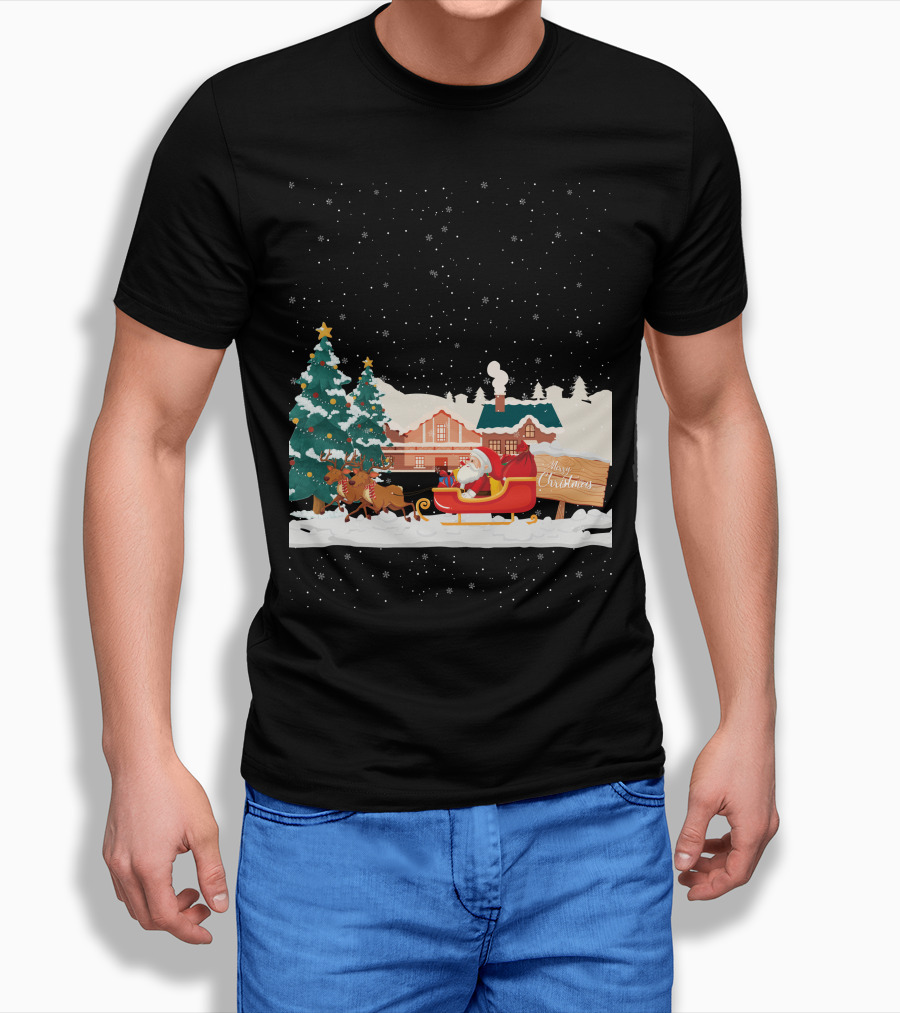 Merry Christmas Santa Claus Reindeer Sleigh Winter Scene T-Shirt