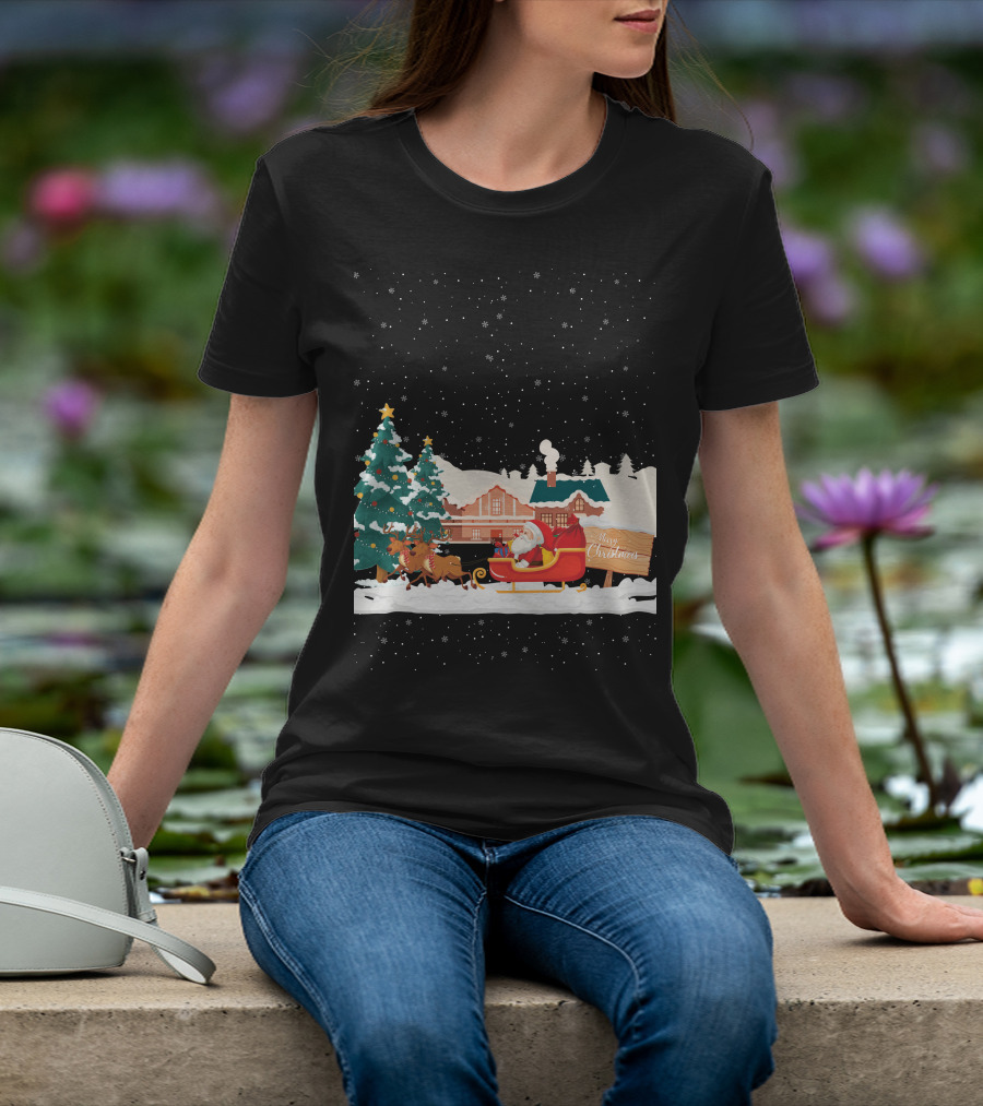Merry Christmas Santa Claus Reindeer Sleigh Winter Scene T-Shirt