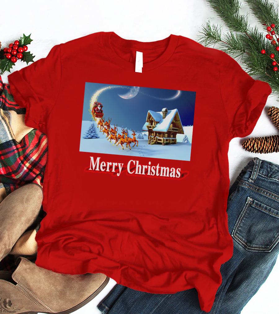 Merry Christmas Santa Sleigh Flying Over Snowy Cabin Scene T-Shirt