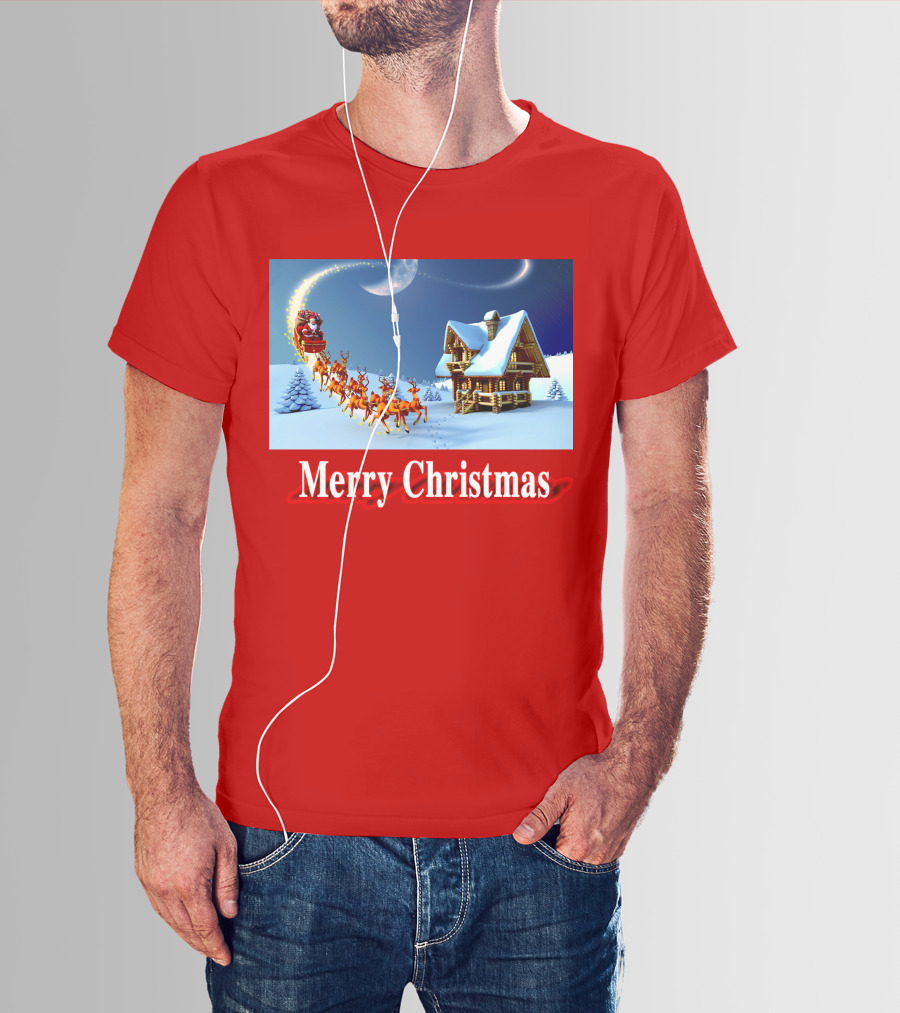 Merry Christmas Santa Sleigh Flying Over Snowy Cabin Scene T-Shirt